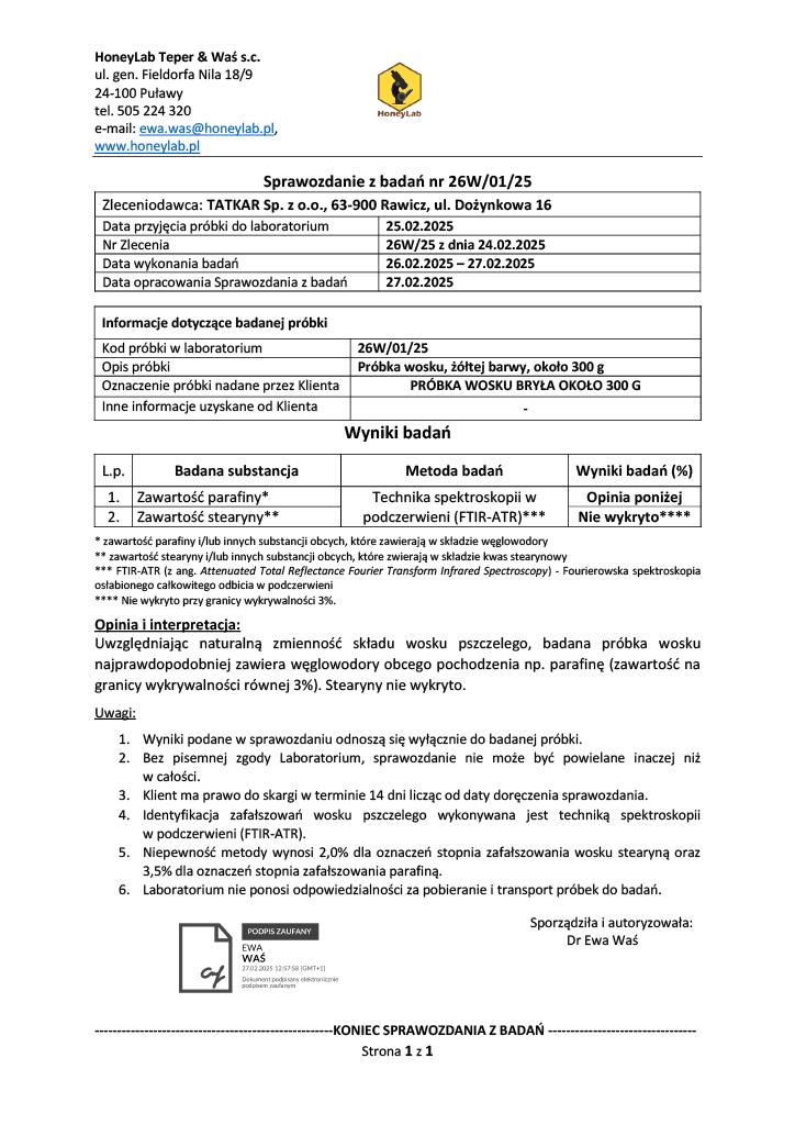 Badanie laboratoryjne wosku pszczelego wykorzystywanego do produkcji świec Ogród Świec